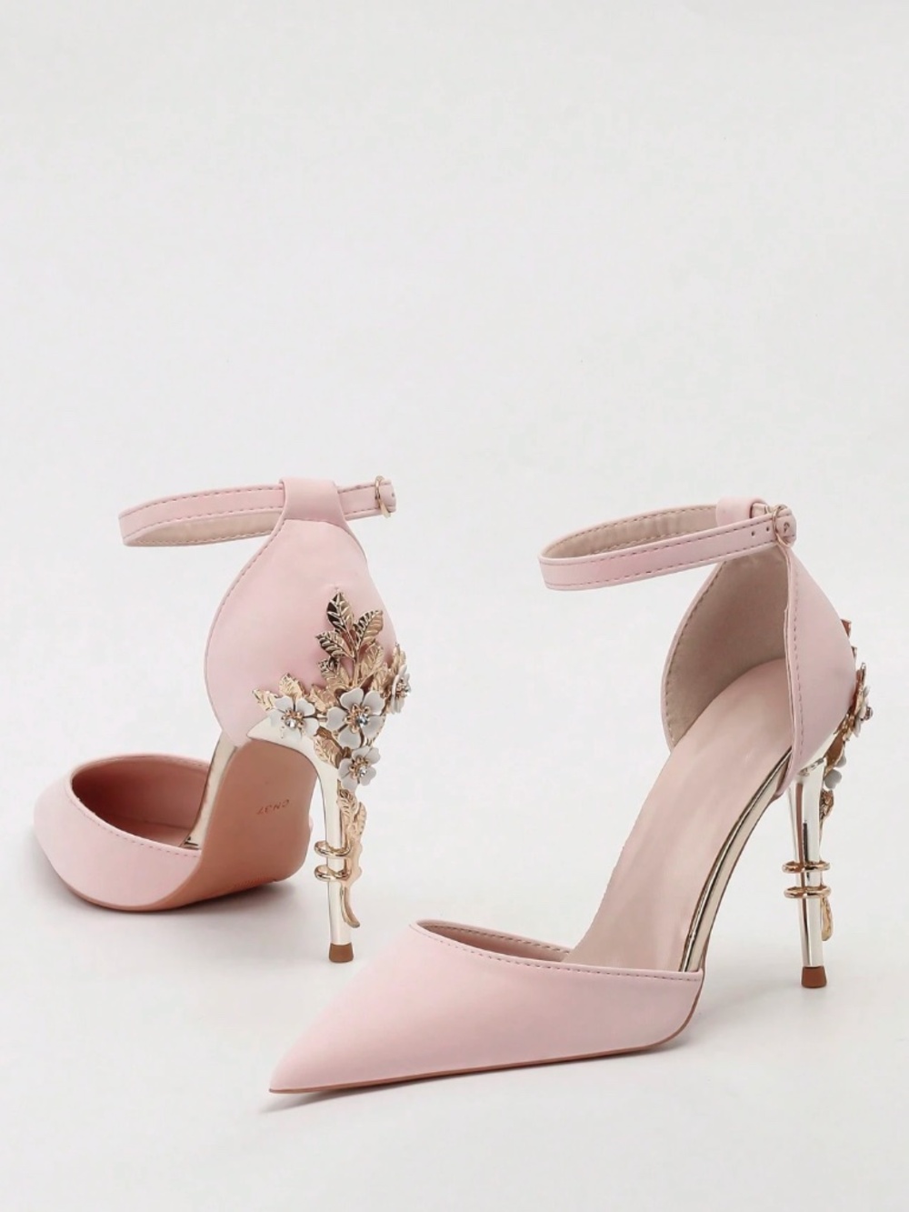 Light Pink Satin High Heel Shoes Embellished Flowers Metal Gold Detail